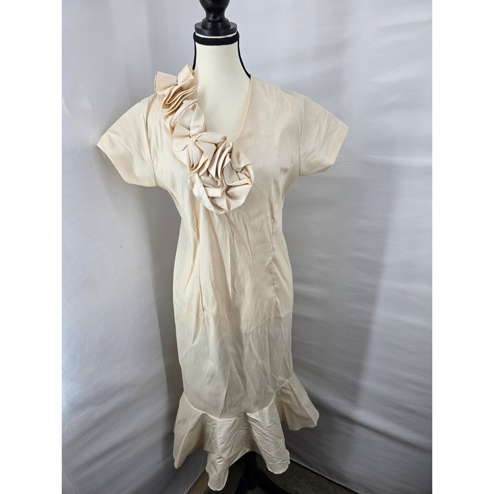 Vintage Style Cream Ruffle Rosette Mermaid Midi Dress V-Neck Short Sleeve Formal